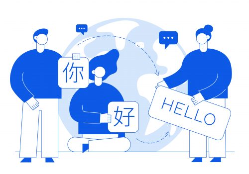 Vector flat line translation design concept of  big modern people, holding cards with word Hello in chinese and english. Trendy language courses, translation agency illustration with earth globe.