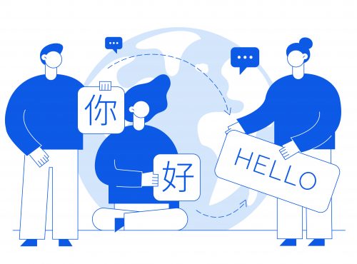 Vector flat line translation design concept of  big modern people, holding cards with word Hello in chinese and english. Trendy language courses, translation agency illustration with earth globe.
